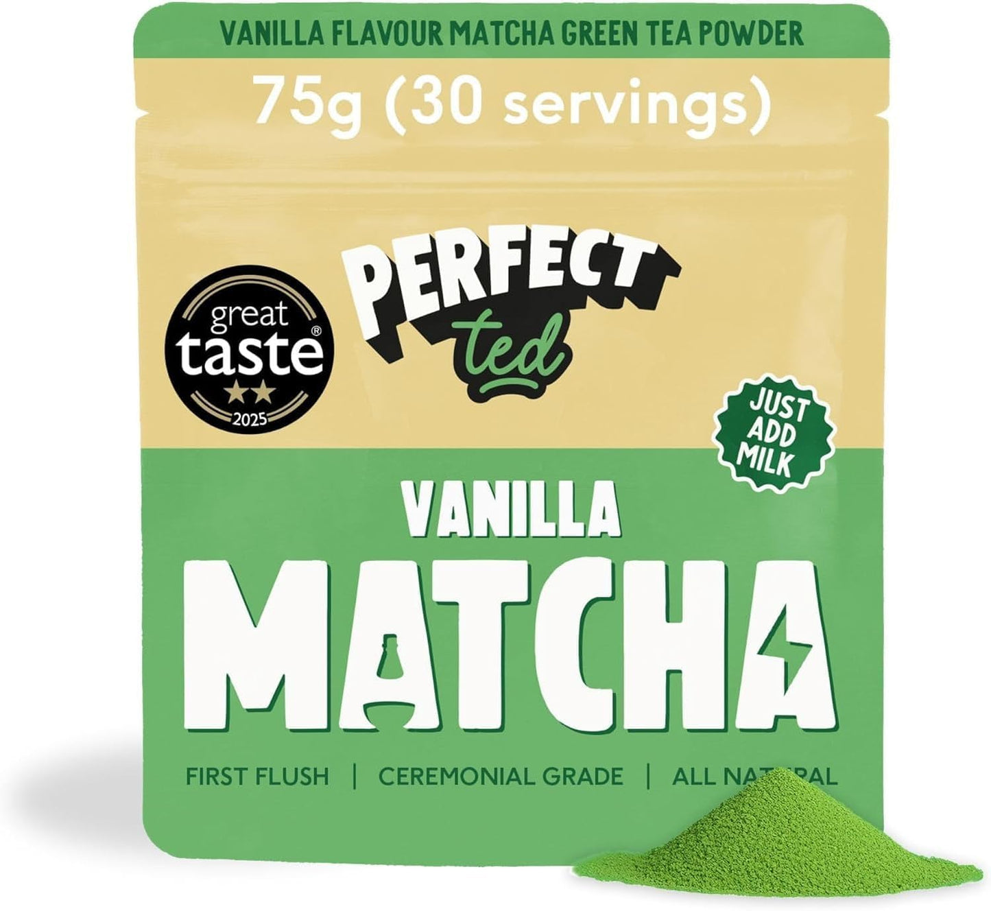 Perfect Ted Matcha Powder, Vanilla Bean Flavor 75g, Matcha Powder Ceremonial Grade, Single-Origin Uji, Japan, Matcha Green Tea Powder (30 Servings)