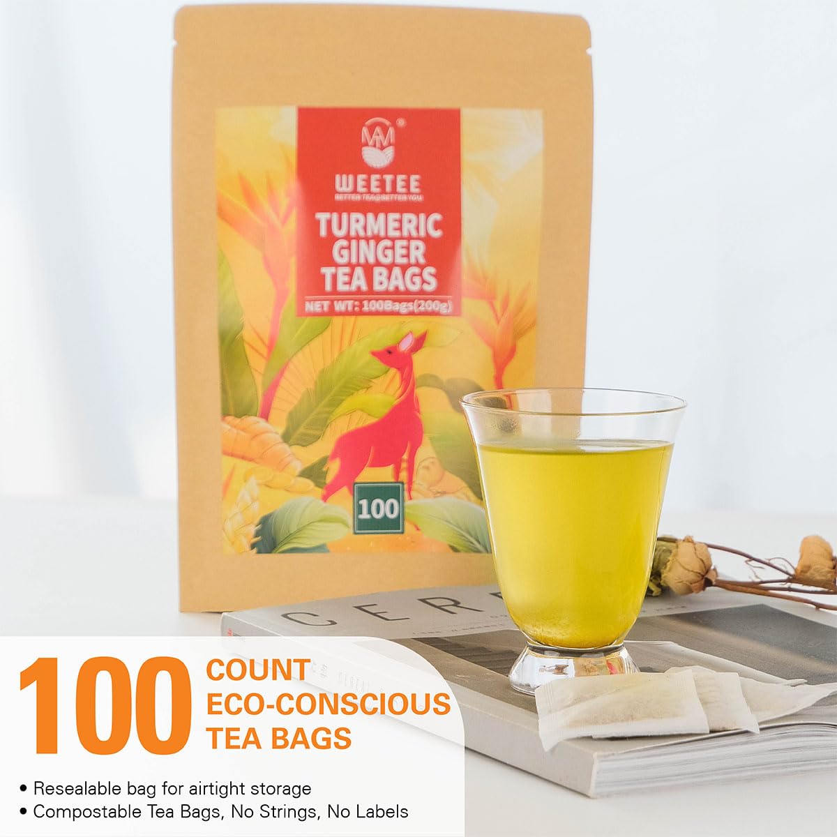 WT WEETEE Turmeric Ginger Tea Bags 100 Count, Rich Antioxidant Warm &amp; Spicy