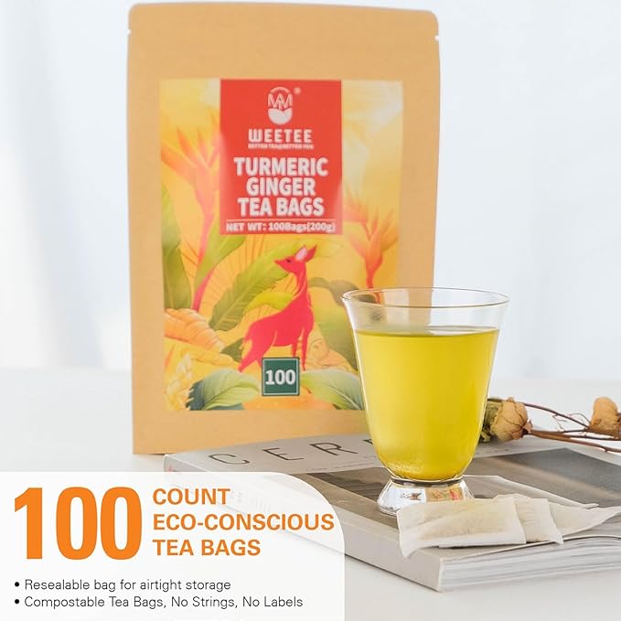 WT Weetee Turmeric Ginger Tea Bags, 100% Pure Turmeric and Ginger Root Herbal Blend Savory & Spicy, Natural Caffeine-free Spice Tea