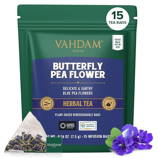 VAHDAM, Butterfly Pea Flower (15 Pyramid Bags) Vegan, Non-GMO | Delicate & Earthy | Direct From Source – Plant-Based Biodegradable | Brew Iced Tea, Cooking, Mocktails & Cocktails