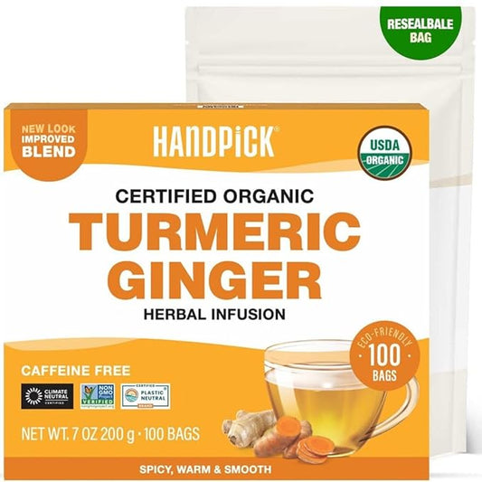 Handpick, Ginger Tea Bags (100 Herbal Tea Bags), Authentic Indian Origin, Caffeine Free & 100% Pure Ginger Root, Round Eco Conscious Teabags