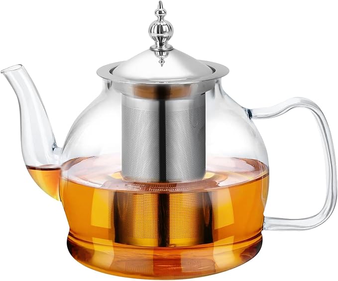 Glass Teapot 40oz/1200ml with Removable Infuser, Borosilicate Clear Tea Kettle, Stovetop Safe Tea Ke