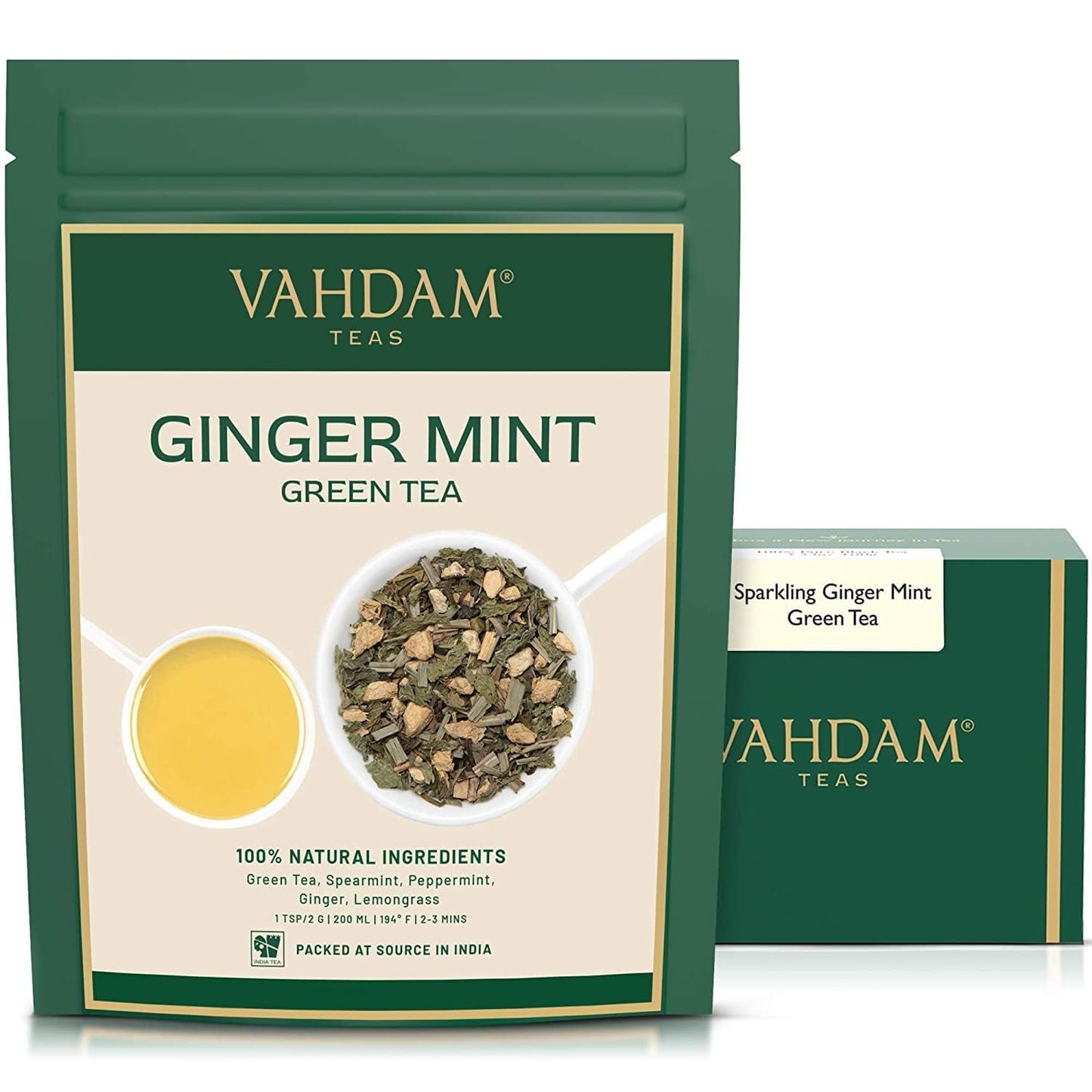 VAHDAM, Ginger Mint Green Tea Loose Leaf (50+ Cups, 3.5oz) Blend Of Ginger Tea & Mint Tea, Pure Green Tea Leaves, High Elevation Grown, Vacuum Sealed