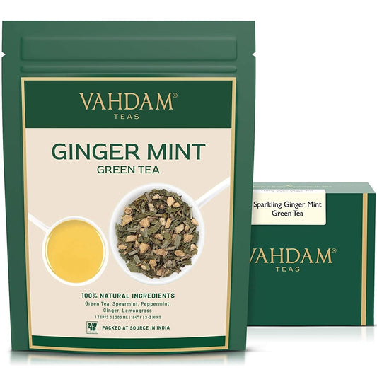 VAHDAM, Ginger Mint Green Tea Loose Leaf (50+ Cups, 3.5oz) Blend Of Ginger Tea & Mint Tea, Pure Green Tea Leaves, High Elevation Grown, Vacuum Sealed