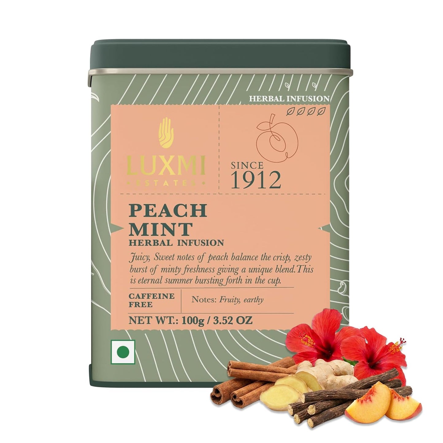 Luxmi Estates Peach Mint Tea with Cinnamon Ginger Hibiscus, 50 cups (100g/3.5oz) | Caffeine-Free