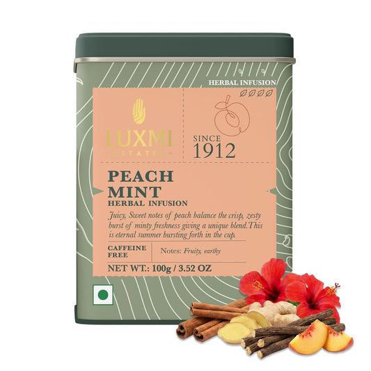 Luxmi Estates Peach Mint Tea with Cinnamon Ginger Hibiscus, 50 cups (100g/3.5oz) | Caffeine-Free