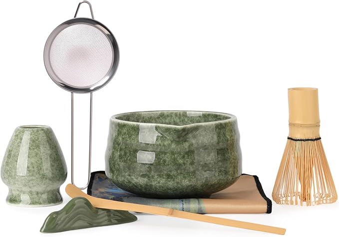 Japanese Matcha Whisk Set - 7-Piece Kit Bamboo Chasen, Ceramic Bowl with Spout, Stainless Steel Sift