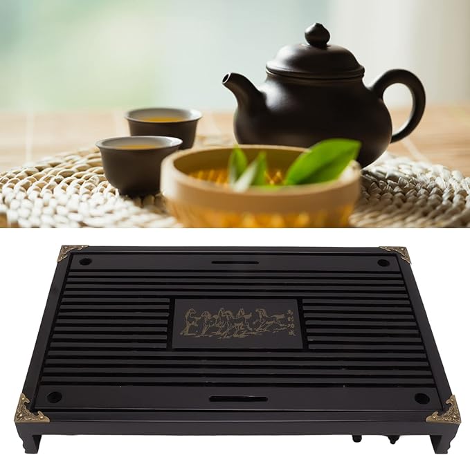 Chinese Tea Tray Drawer Type Wooden Drainage Water Storage Gongfu Tea Table Set for Home (Black)