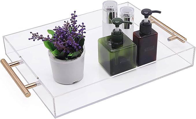 11x14 Clear Acrylic Serving Tray with Gold Handle,Spill Proof Clear Acrylic Trays Plastic Serving Tray for Breakfast,Coffee,Organize,Decor,Cosmetic