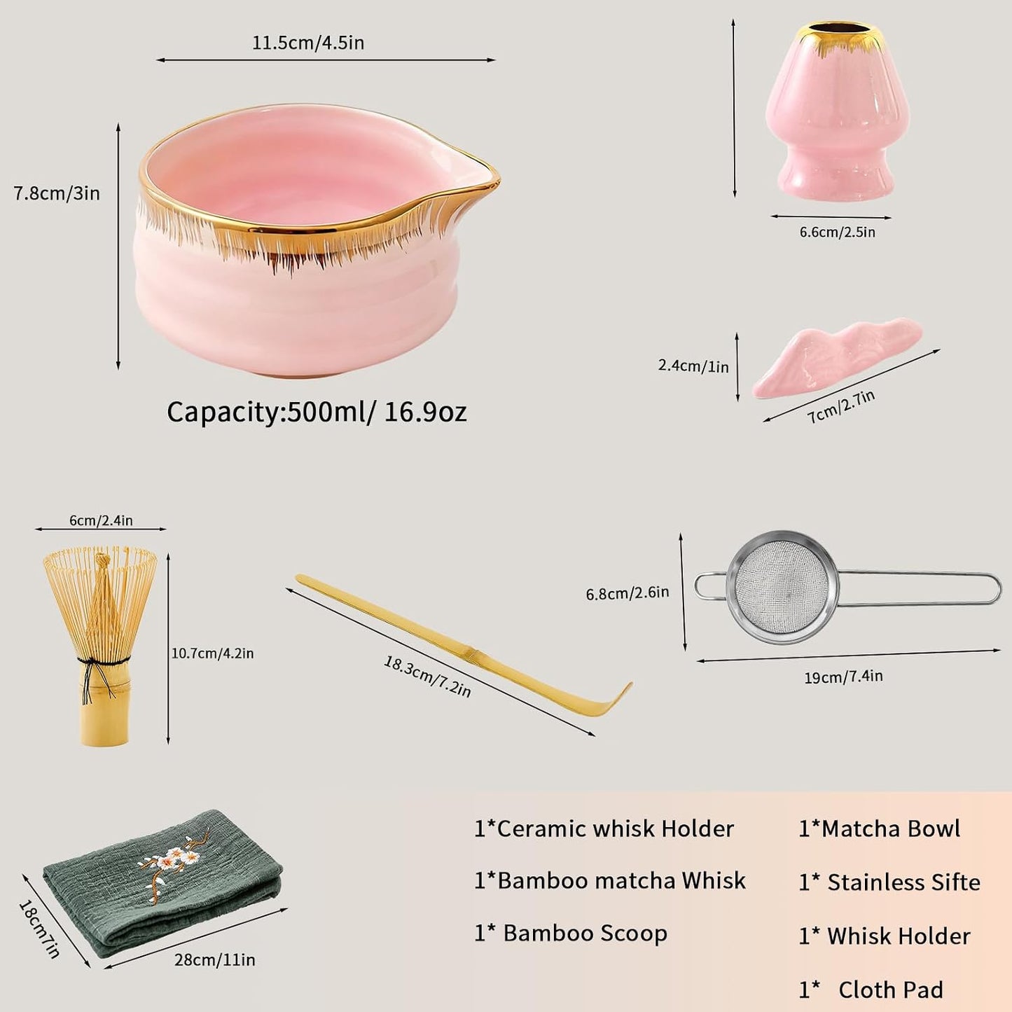 7-Piece Matcha Set, Matcha Bowl &amp; Bamboo Whisk Kit | Ceremonial Matcha Whisk Tools with Golden Texture Details, Japanese Tea Ceremony Starter Kit &amp; Unique Matcha Gift (Pink)