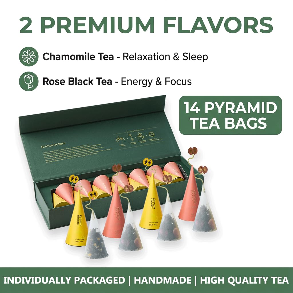 Herbal Delight Premium Tea Gift Set, 14 Individually Wrapped Pyramid Tea Bags, Chamomile & Rose Black Tea, Luxury Gift Box for Women, Birthday, Holiday & Hostess Gift