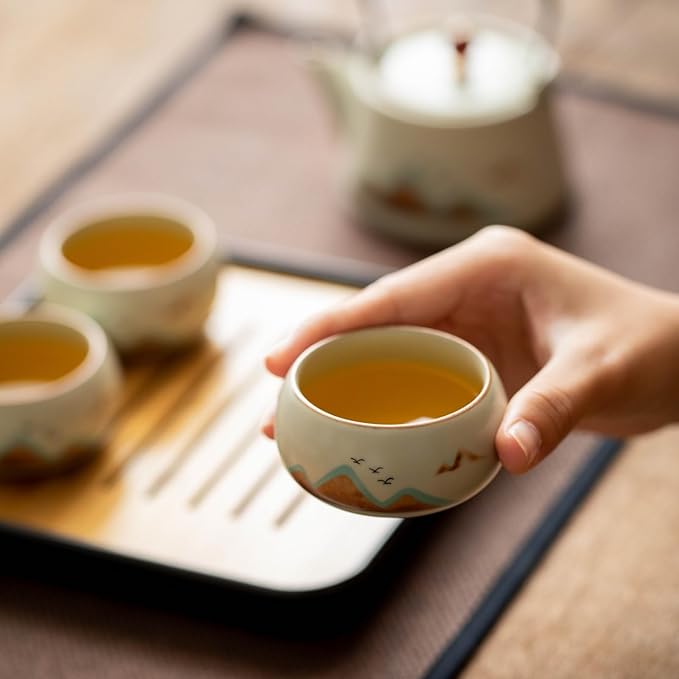 7-Piece Ruyao Ceramic Chinese GongfuTea Set, Traditional Crackle Glaze Teapot with Cups and Bamboo Tray, Gift Box Included