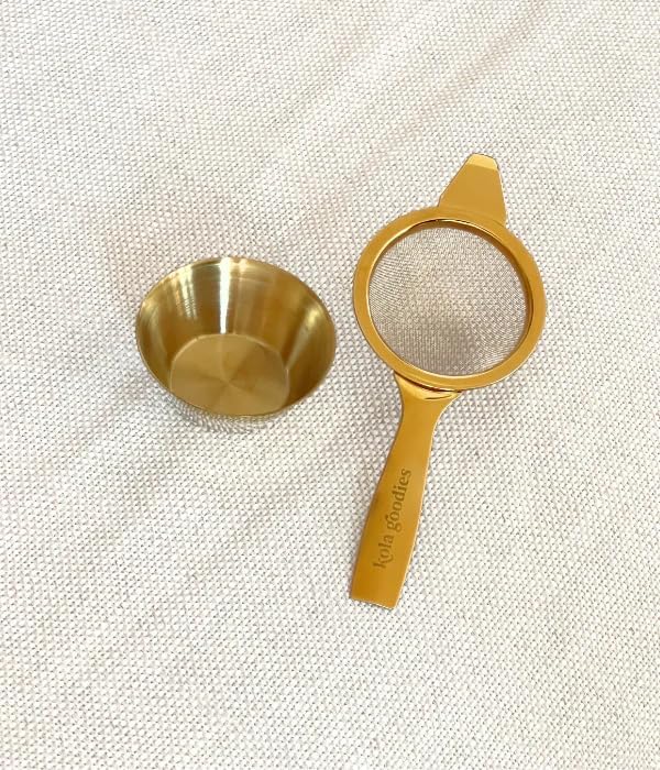 Kola Goodies Gold Tea Strainer – Elegant Stainless Steel Tea Infuser with Drip Tray – Compact Loose Leaf Tea Filter – Holiday Gift for Tea Lovers