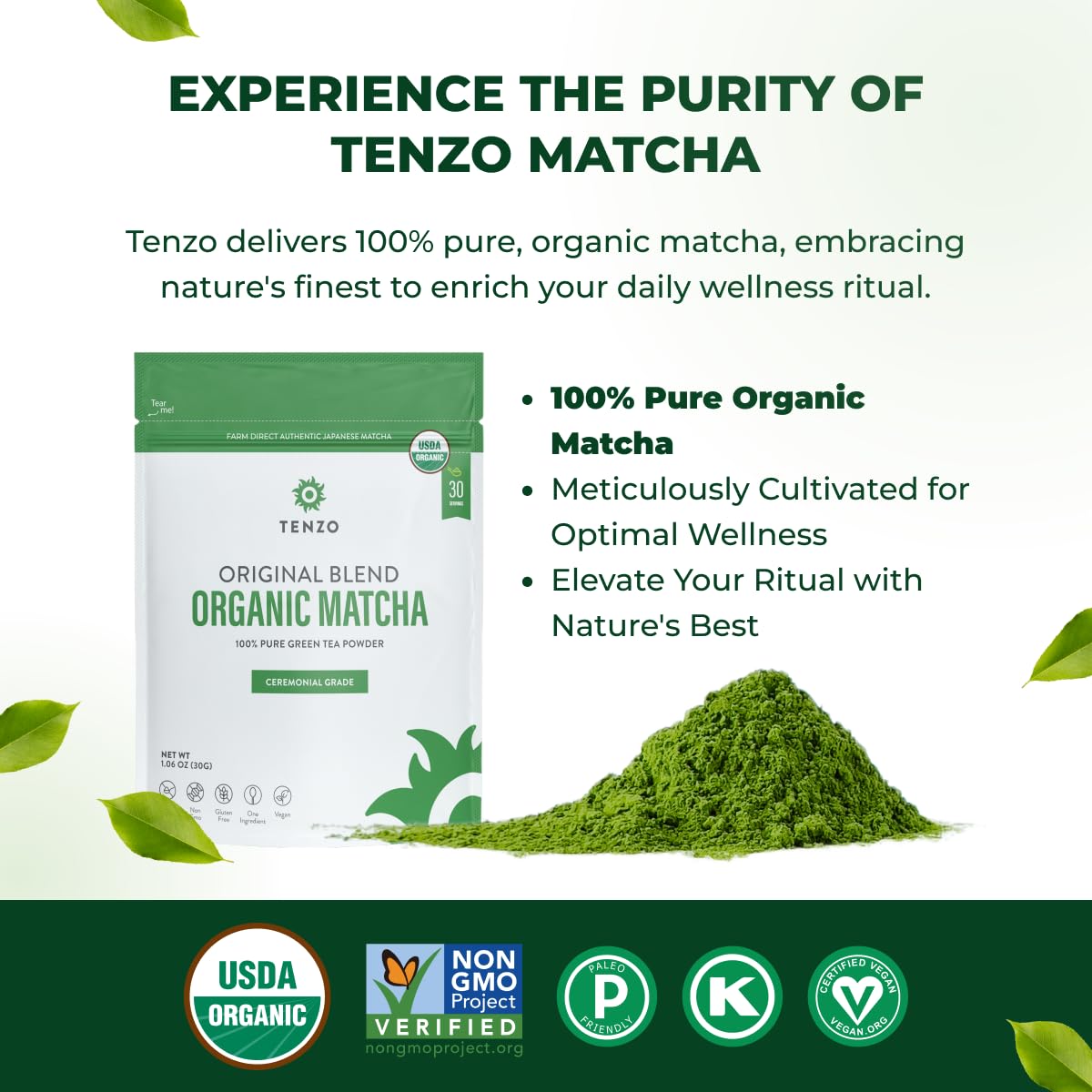 Tenzo Tea Matcha Green Powder, 1.06 Ounce, Organic, Original Blend, Ceremonial Grade, Authentic Japanese, USDA Certified