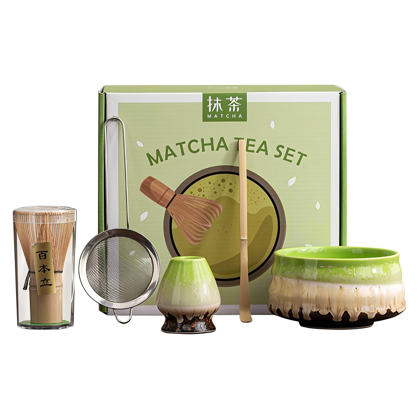 Matcha Whisk Set Ceramic Matcha Set Includes Matcha Bowl Matcha Whisk and Holder, Bamboo Scoop, Sifter, 5 Pcs Matcha Kit for Matcha Lovers