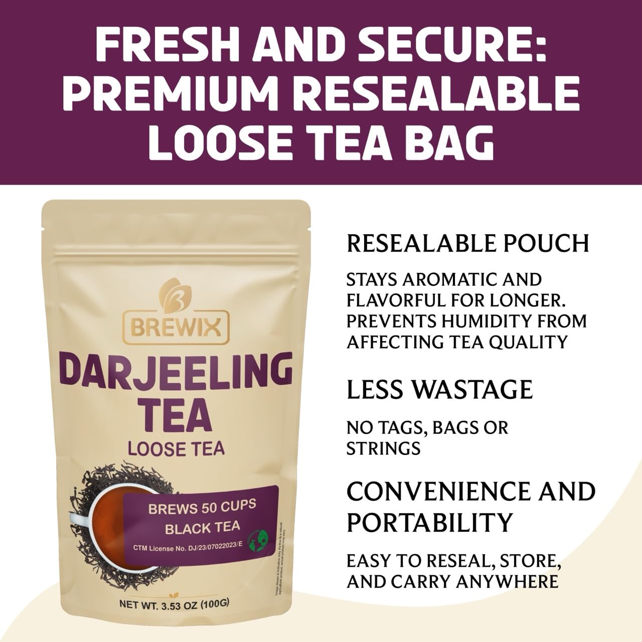 BREWIX, Darjeeling Tea Leaves from Hills of Himalayas (50+ Cups, 3.53oz/100g) | Pure Loose Leaf Darjeeling Black Tea | Long Leaf Grade | Straight From Source In India