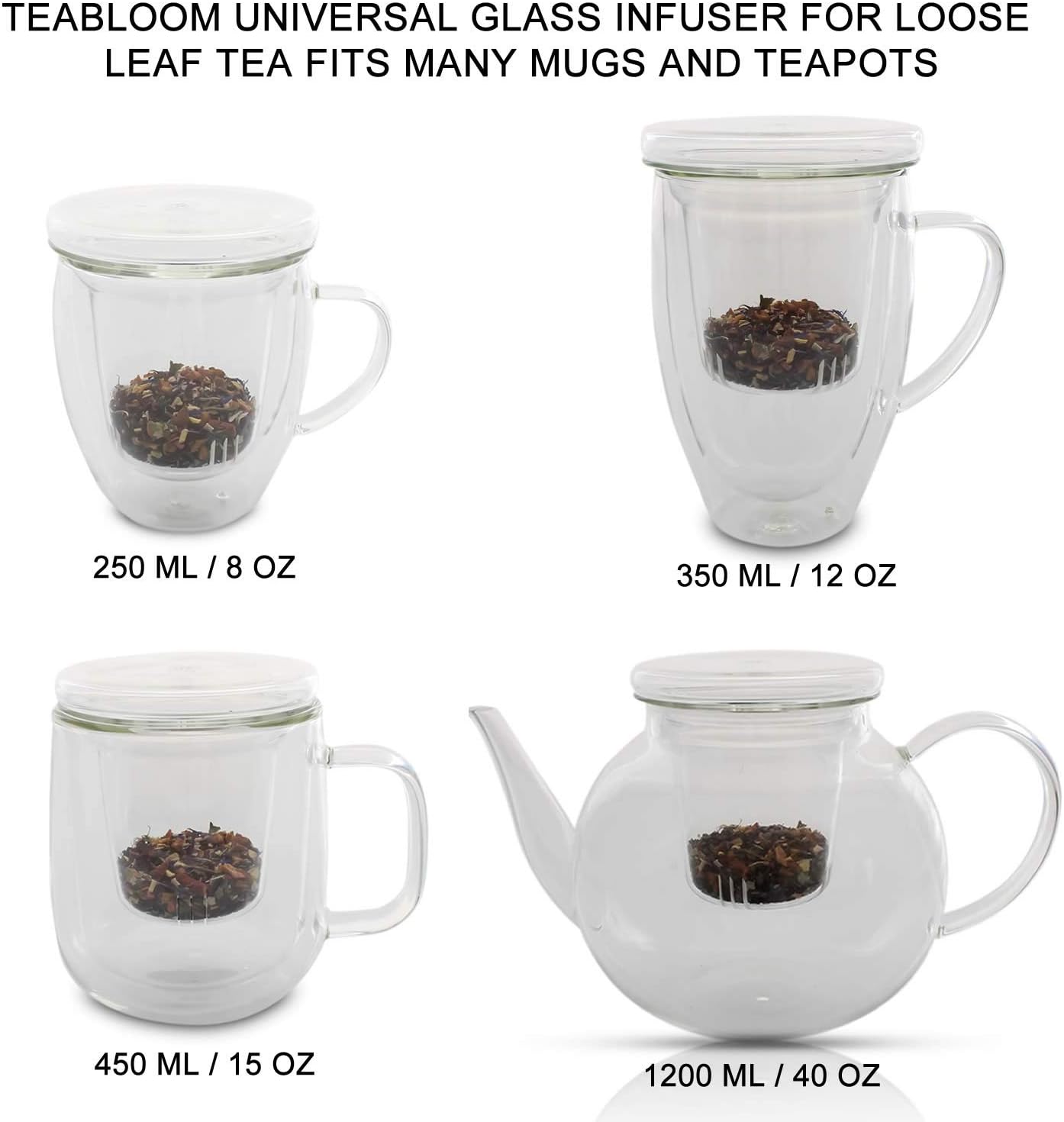 Teabloom Universal Glass Tea Infuser with Dual-Purpose Lid/Coaster – Hygienic, Non-Toxic Glass Filter for Loose Tea Leaves – Lead-Free & Cadmium-Free – Tea Purist's Choice