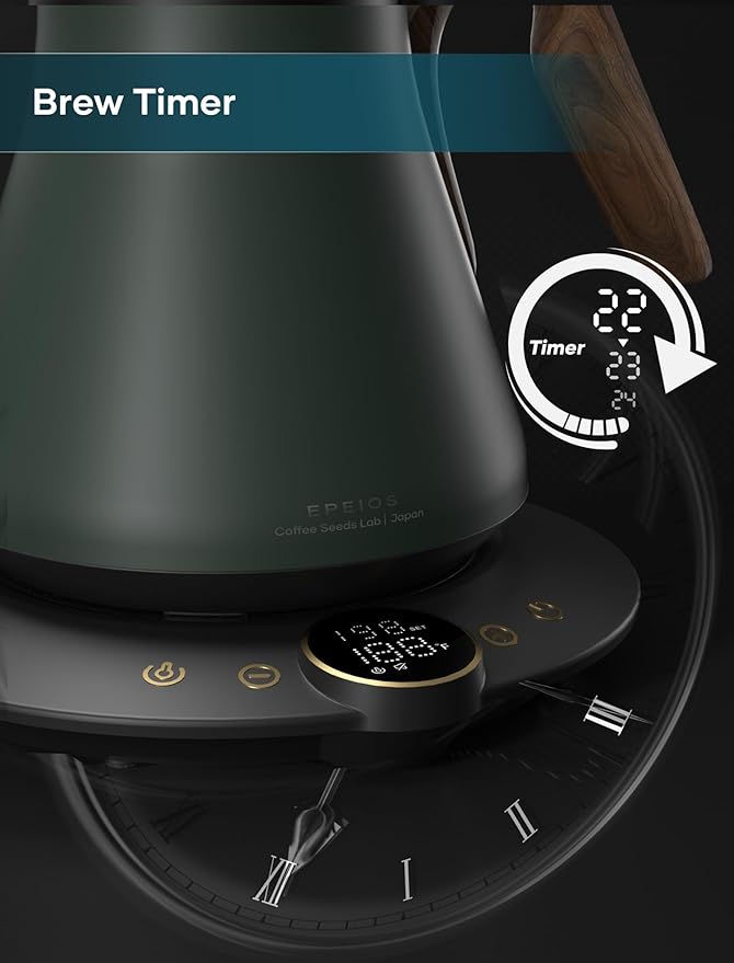 Gooseneck Electric Kettle with ±1℉ Temperature Control for Pour Over Coffee & Tea, Quick Heating, BPA-Free Stainless Steel, Built-in Brew Timer