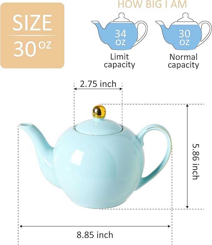 30oz Blue Porcelain Teapot, Ceramic Teapot with Gold Trim, Elegant Teapot for Loose Leaf Tea & Tea Bags, Tea Party Essential