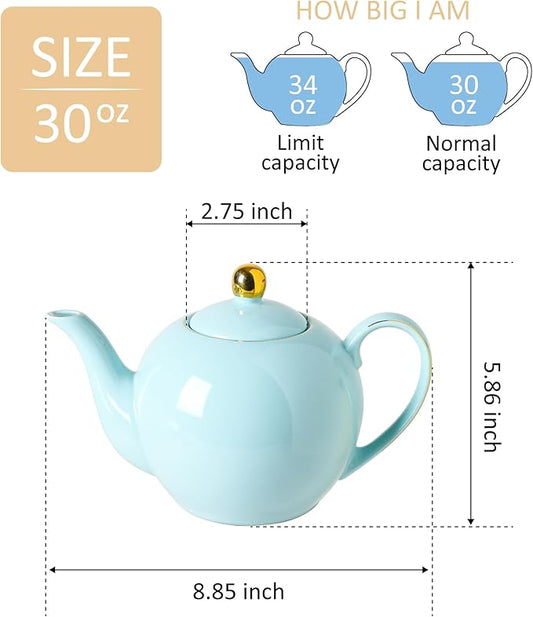 30oz Blue Porcelain Teapot, Ceramic Teapot with Gold Trim, Elegant Teapot for Loose Leaf Tea & Tea Bags, Tea Party Essential