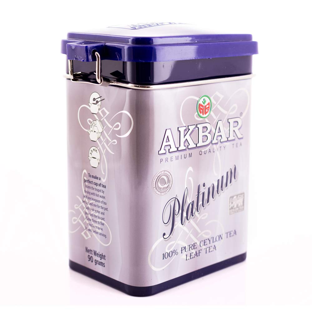Akbar 100% Pure Ceylon Platinum Leaf Tea Tin (90g) - Premium Orange Pekoe OP1 Black Tea, Vegan, Mountain-Grown Loose Leaves