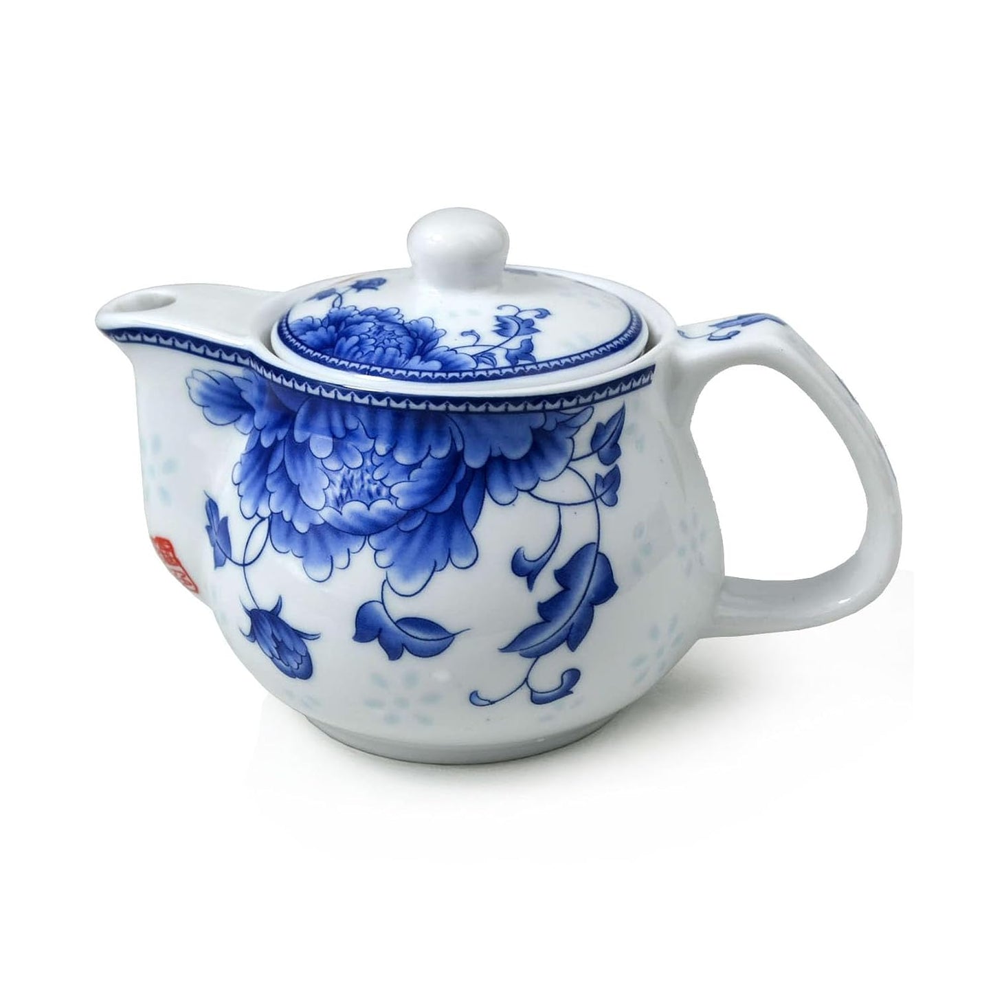 Small Teapot 9oz Blue and White Porcelain Tea Pot with Stainless Steel Infuser Classical Chinese Penoy Flower (Peony)
