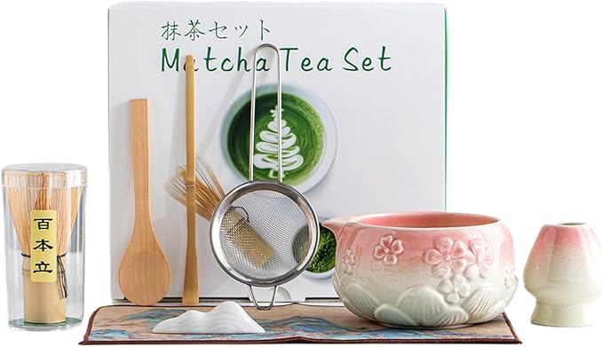 8 Pcs Matcha Whisk Set, Pink Complete Ceramic Matcha Making Kit with 18OZ Bowl, Bamboo Whisk & Holde