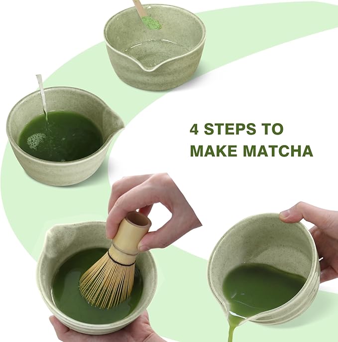 Matcha Whisk Set, Japanese Tea Set includes Matcha Bowl with Spout, Matcha Whisk and Holder, Bamboo Scoop - 4 Pcs Ceremonial Grade Matcha kit for Tea Lovers (Jade Green)