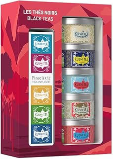 Kusmi Tea - Organic Black Tea Variety Box + Tea Infuser - Gift Idea for Men and Women - Flavoured Black Tea, Earl Grey, Ceylon - A Selection of 5 Iconic Flavors - Loose Leaf Tea - 5 Tins of 0,9 oz