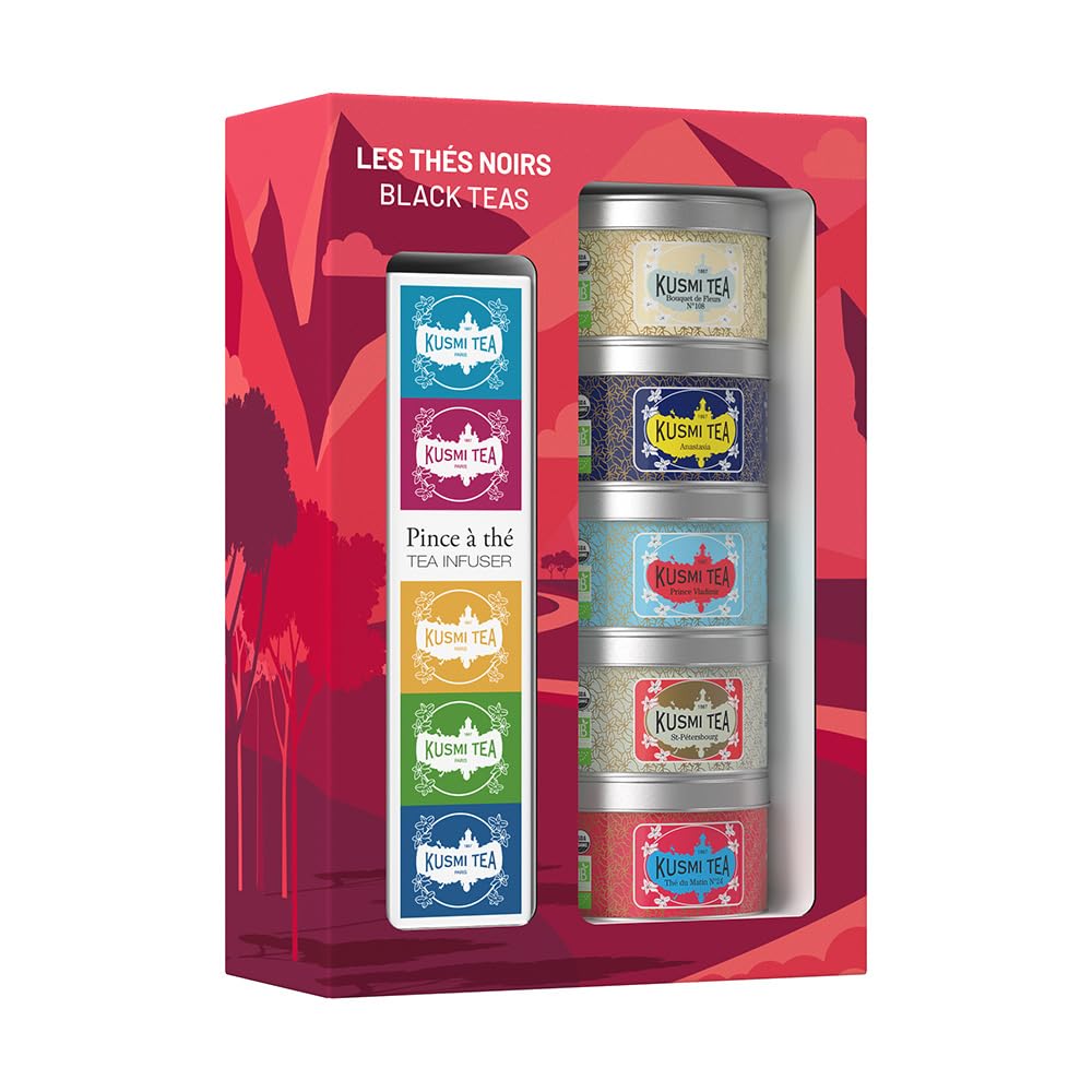 Kusmi Tea - Organic Black Tea Variety Box + Tea Infuser - Gift Idea for Men and Women - Flavoured Black Tea, Earl Grey, Ceylon - A Selection of 5 Iconic Flavors - Loose Leaf Tea - 5 Tins of 0,9 oz