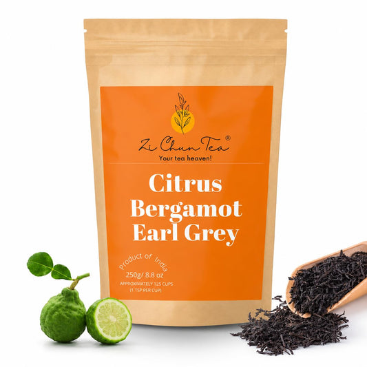 Zi Chun Tea | Bergamot Earl Grey Tea Loose Leaf | Made with Extra Whole Bergamot Pieces (Not Oil), Premium Assam Black Tea, Bold Citrus Flavor, Non-GMO, No Artificial Ingredients | 8.8 oz