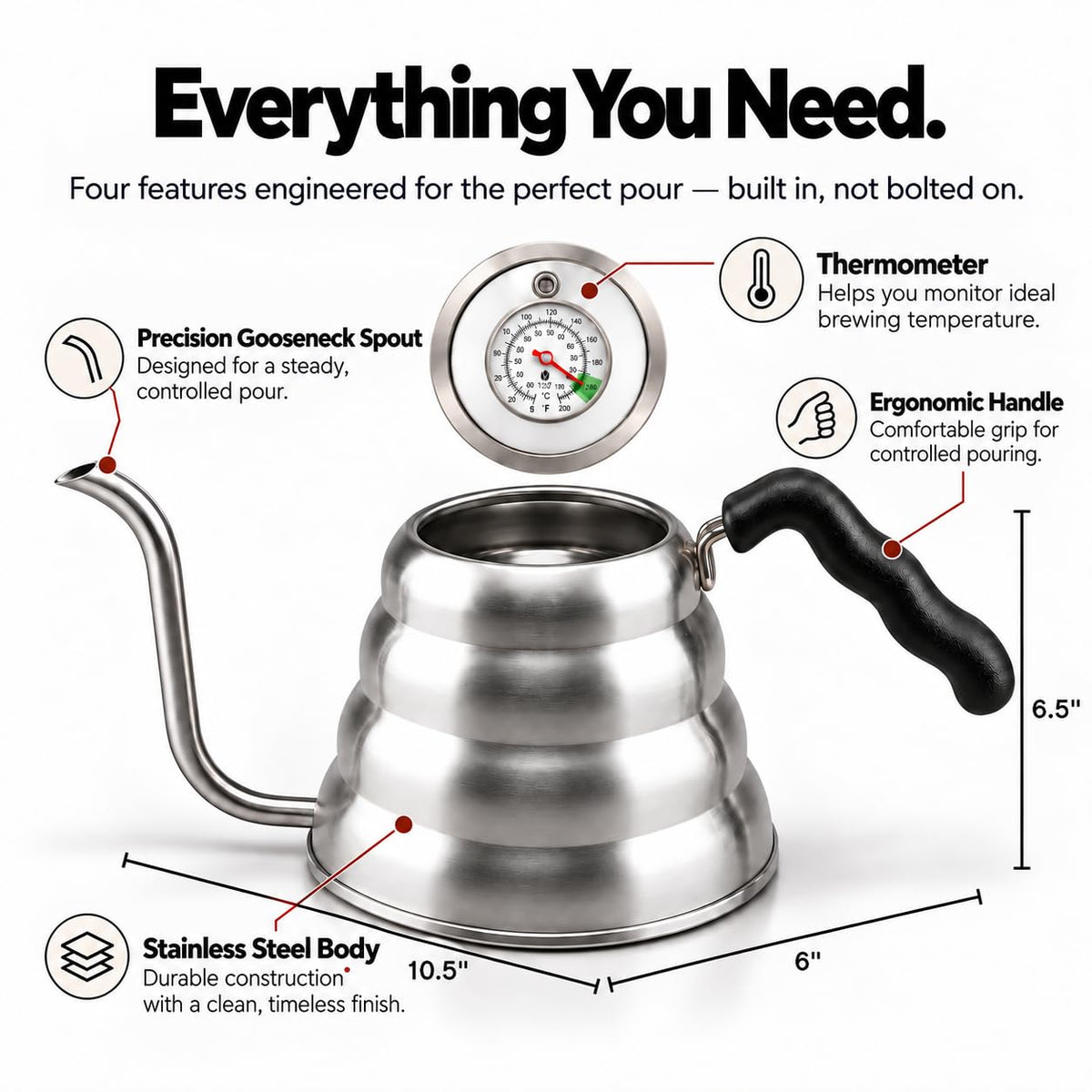Bean Envy Gooseneck Kettle Stovetop - Pour Over Kettle with Thermometer