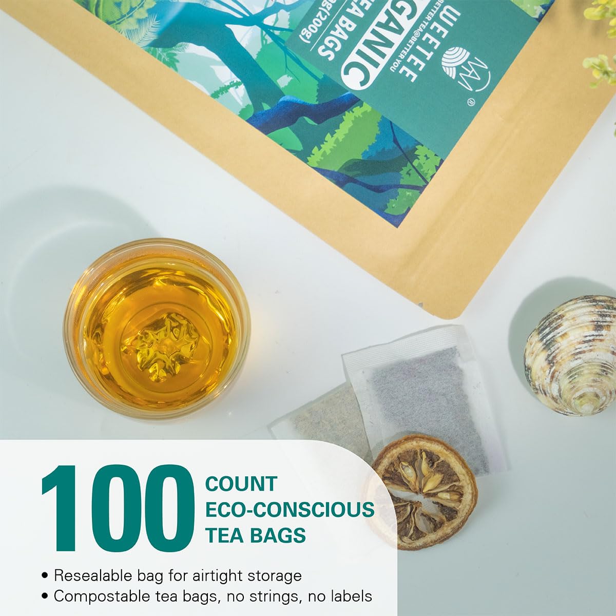 WT WEETEE Organic White Tea Bags, Organic Pure White Tea 100 Count, Mellow & Smooth, Perfect for Hot or Iced Tea