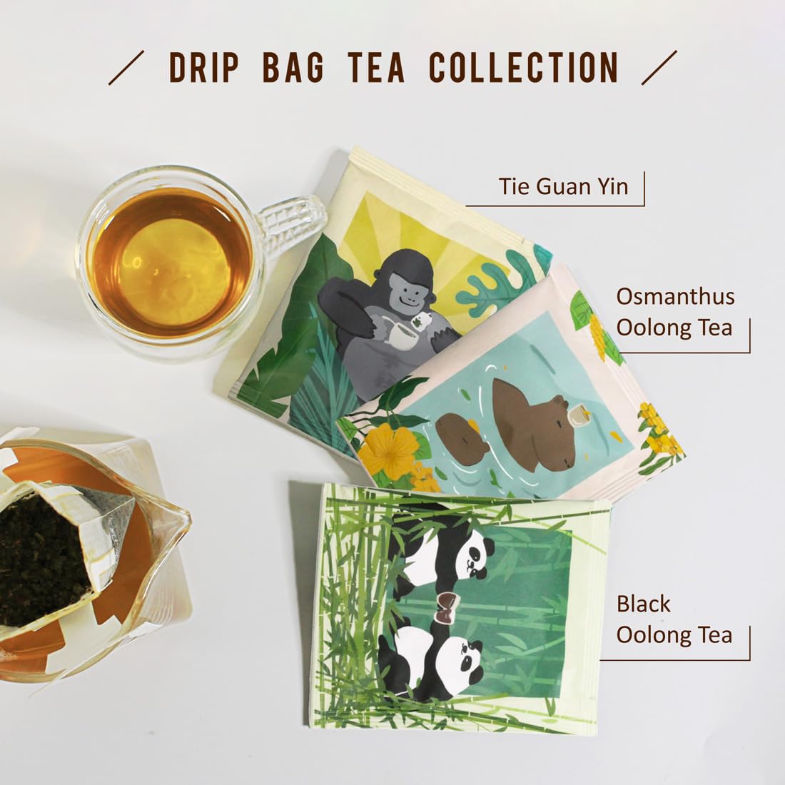 Fonming Tea Osmanthus Oolong Tea Quick Brew Drip Bags (hanging ear tea bags), Taiwan Rich Roasted Oolong Tea. 7 Count Box with capybara Design
