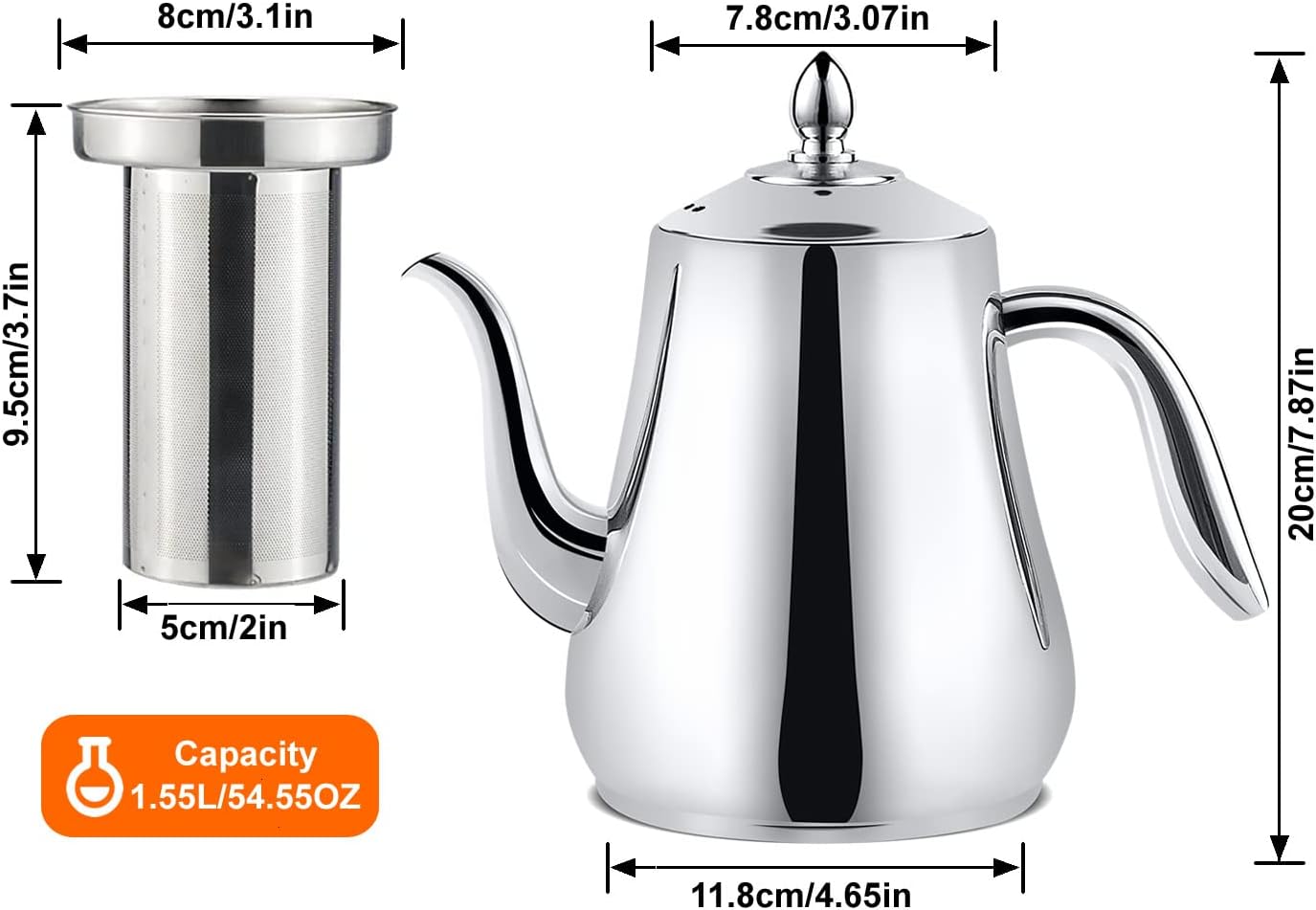 SANQIAHOME Stainless Steel Teapot with strainer Tea Pot With Removable Infuser or filter for Loose Leaf and Tea Bags cold water Pitcher Tea Maker Dishwasher Safe (silver, 1550ml(51Oz))