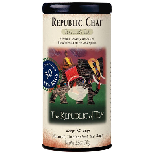The Republic of Tea Republic Chai Black Tea, Naturally Caffeinated, 50 Ct | Made for morning or afternoon. Brisk and full-bodied with notes of warming ginger and baking spice. Gluten Free and Non-GMO.