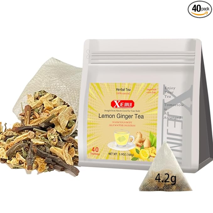 XIEJINJI Lemon Ginger Tea, 40 Tea Bags, 4.2g Each – Zesty & Warming Blend for Digestive Comfort, Immune Boost & Refreshing Energy