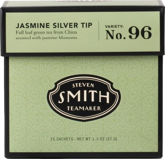 Steven Smith Teamaker, Jasmine Silver Tip, Green Tea, 15 Sachets 1.3oz each | Full Leaf Green Tea, Caffeinated, Sugar Free, Sustainably Grown, Plant Based Sachets, Microplastic-Free