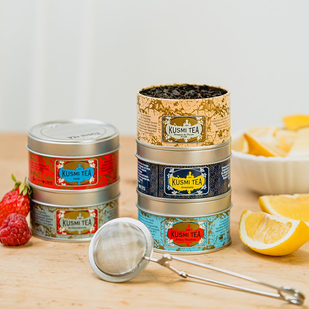 Kusmi Tea - Organic Black Tea Variety Box - Gift Idea for Men and Women - Flavoured Black Tea, Earl Grey, Ceylon - A Selection of 5 Iconic Flavors - Loose Leaf Tea - 5 Tins of 0,9 oz