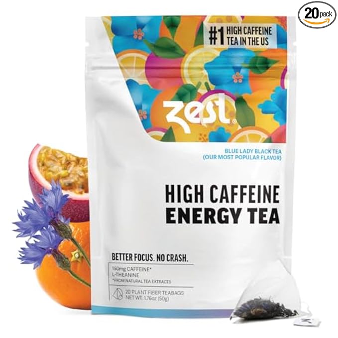 Zest Energy Tea Bags – Blue Lady Passion Fruit Black Tea – High Caffeine Tea for Morning Energy, Focus & Clarity – Natural Caffeinated Tea with 150mg Caffeine – 20Ct Pack – Non-GMO & Keto Friendly