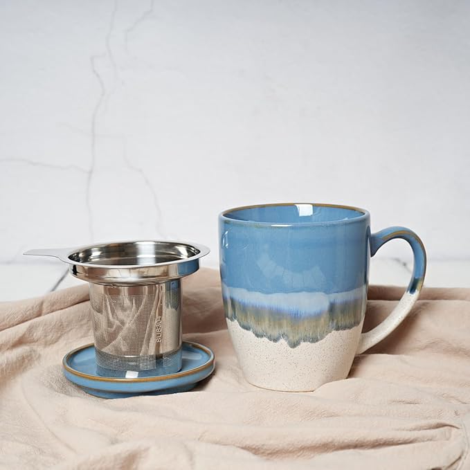 Bosmarlin Ceramic Tea Cup with Infuser and Lid, 16 Oz, 5 Colors to Choose, Dishwasher and Microwave Safe, Reactive Glaze, Steeping Tea Mug with Strainer (Blue)