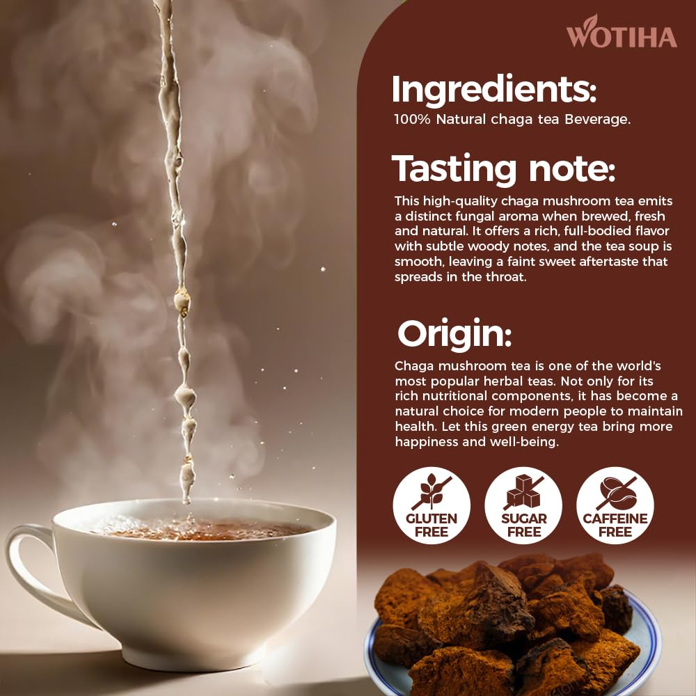 WOTIHA 50 Count Premium Chaga Tea Bags - 100% Pure Siberian Wild Harvest Chaga Mushroom, Supports Antioxidant &amp; Immune Health, Caffeine-Free, Additive-Free, Sugar-Free, Vegan