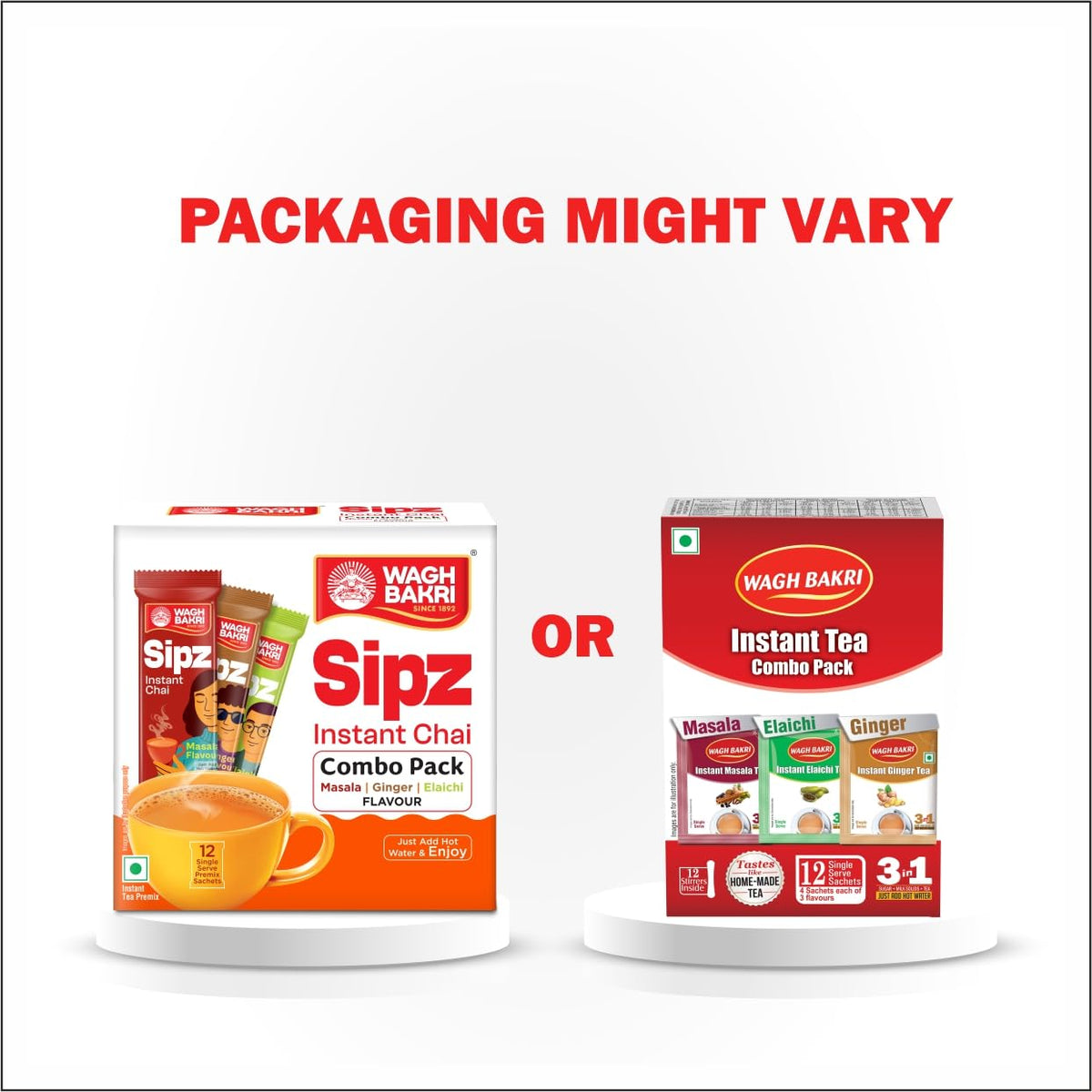 Wagh Bakri Instant Tea Premix, Masala, Cardamom &amp; Ginger - 4 Sachets Each, Total 12 Sachet [International Pack]