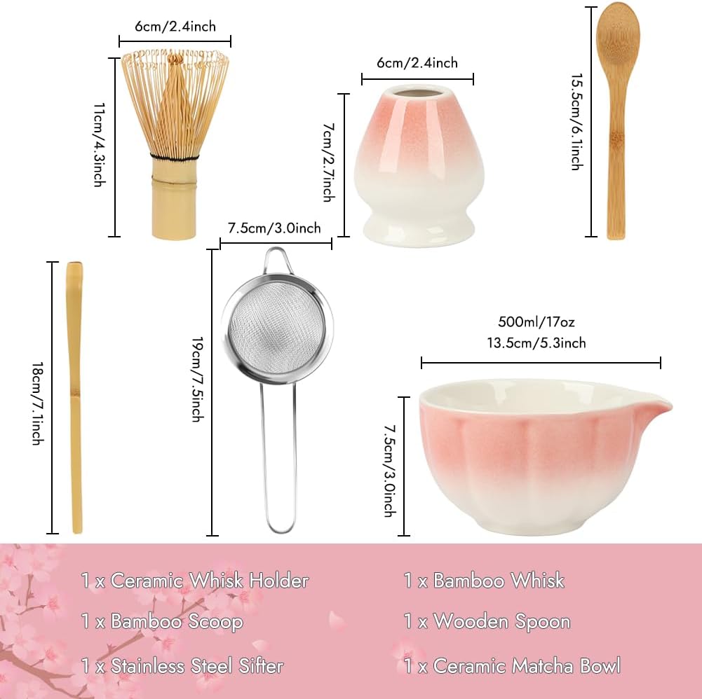 Matcha Whisk Set, 6 PCS Matcha Set-Ceramic Bowl, Matcha Whisk, Whisk Holder, Scoop, Spoon &amp; Sifter, Complete Matcha Ceremony Kit Set (Pink)