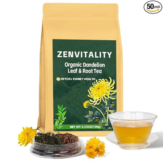 ZenVitality Dandelion Leaf and Root Tea（50 Bags）100% Certified Organic/Decaffeinated Naturally beneficial for liver/blood pressure/blood sugar/digestive health Decaffeinated