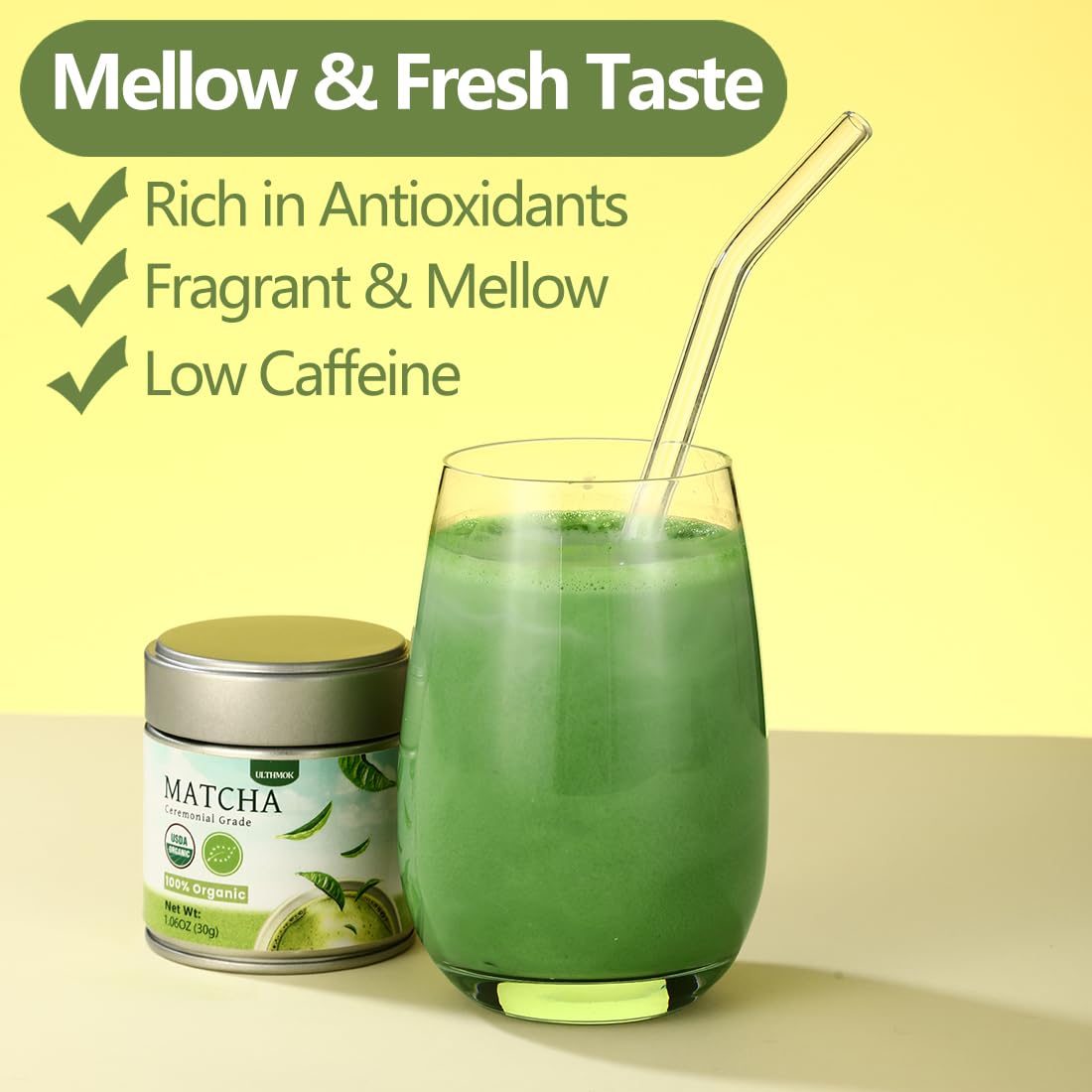 Ceremonial Grade Matcha Green Tea Powder, 1.06 Oz/30g, 100% Organic & No Additives & Gluten-Free Vegan.