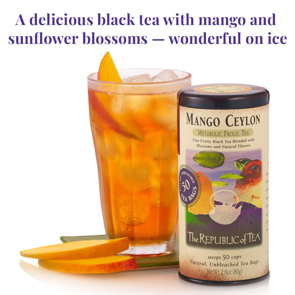 The Republic of Tea Mango Ceylon Black Tea, Naturally Caffeinated, 50 Count | Made for morning or afternoon sipping. Brisk and full-bodied with notes of juicy fruit. Gluten Free and Carb Free.