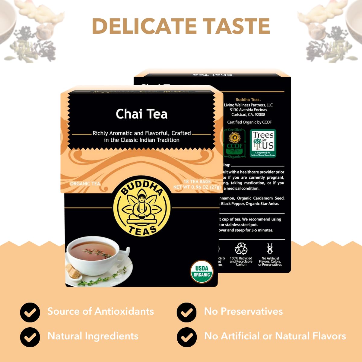 Buddha Teas Organic Chai Tea - Black Tea, Natural Caffeine