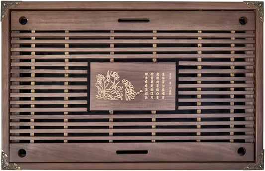 17inch Gungfu Tea Tray Large Wooden Tea Trays with Drainage Water Storage Chassis for Home/Office Kungfu Tea Set Tray (Brown A)