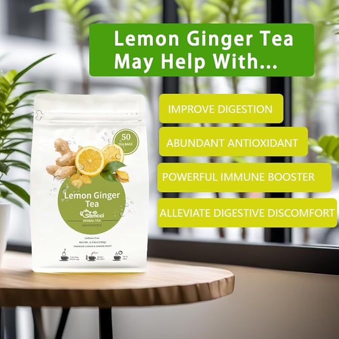 Samcci - Lemon Ginger Tea Bags, 50 Teabags - Great Hot or Iced – Aromatic, Natural, Pleasantly Spicy & Warming - Non-GMO - Caffeine-free